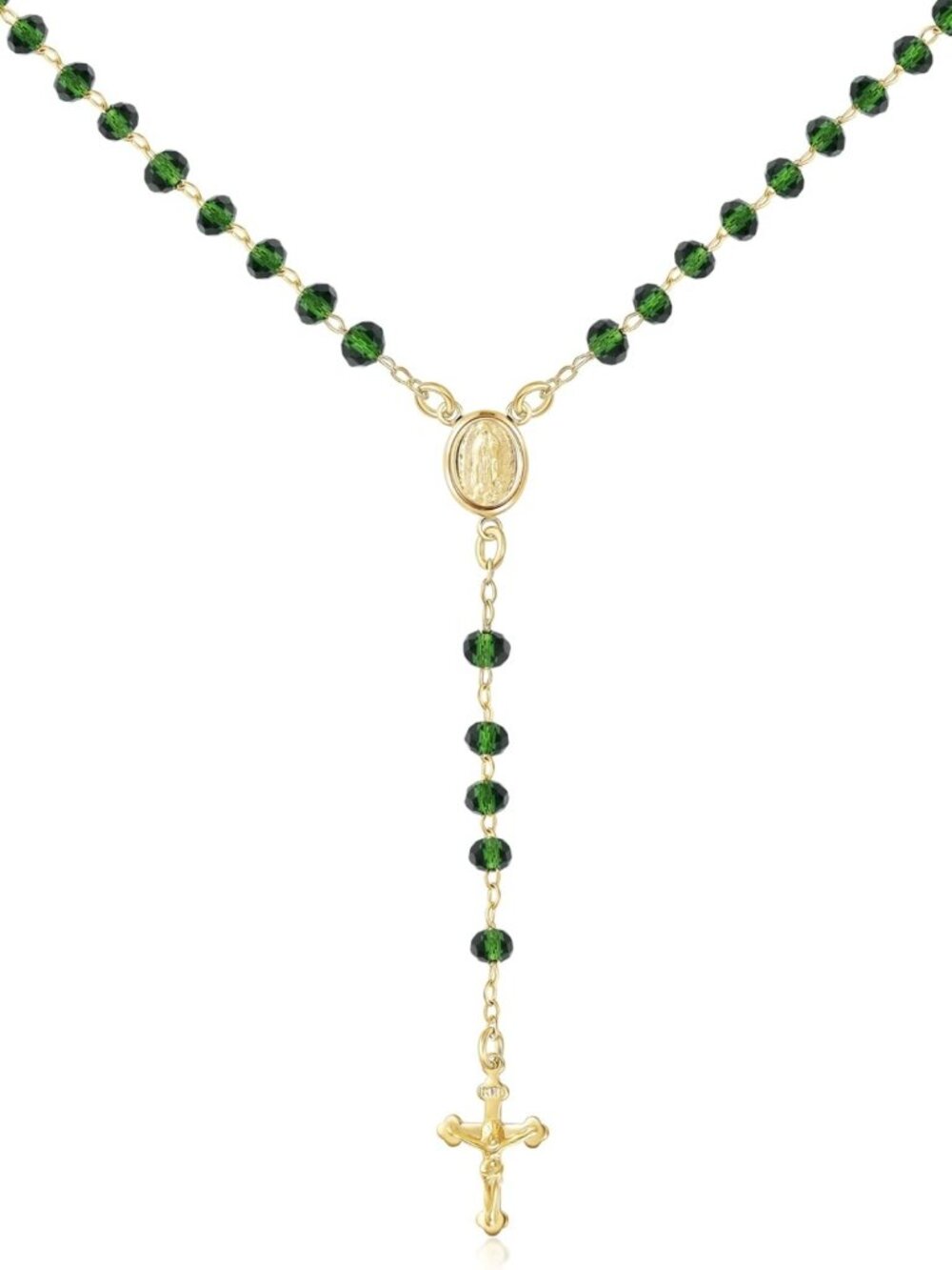 18K Gold Plated Rosary Beaded Necklace, Virgin Mary & Guadalupe Pendant, 18